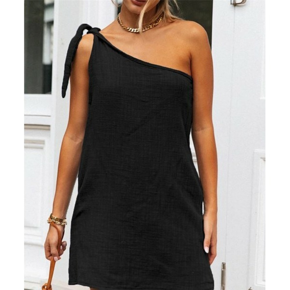 Basico Women's Black Tied Shoulder Asymmetrical Dress Size Medium